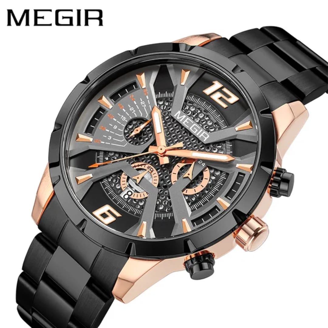 Megir T382 Luxury Men's Quartz Watch | Black & Rose Gold Stainless Steel Sports Watch