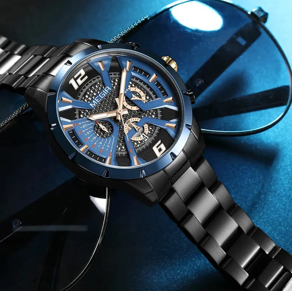 Original MEGIR Men's Quartz Watch – Blue Dial Stainless Steel | 1 Year Machine Warranty