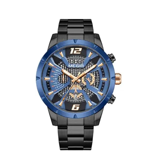 Original MEGIR Men's Quartz Watch – Blue Dial Stainless Steel | 1 Year Machine Warranty