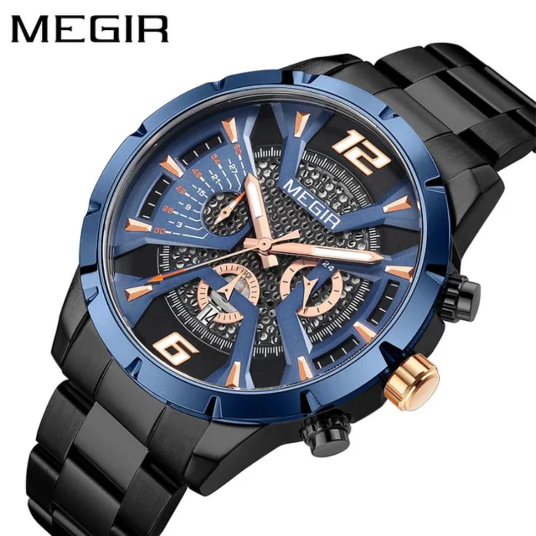 Original MEGIR Men's Quartz Watch – Blue Dial Stainless Steel | 1 Year Machine Warranty