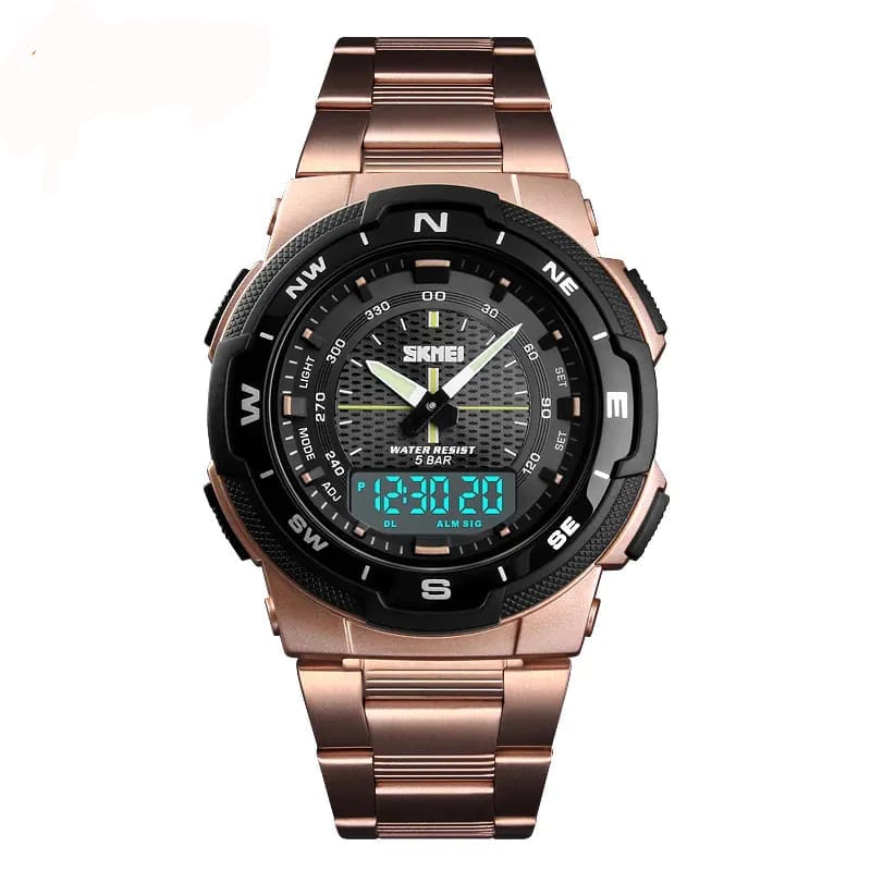 A SKMEI outdoor analog-digital wristwatch with a rose gold metal link bracelet, black bezel, and black textured dial featuring a green digital time display.