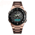 A SKMEI outdoor analog-digital wristwatch with a rose gold metal link bracelet, black bezel, and black textured dial featuring a green digital time display.