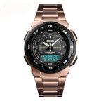 A SKMEI outdoor analog-digital wristwatch with a rose gold metal link bracelet, black bezel, and black textured dial featuring a green digital time display.