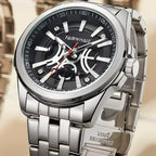A close-up of a Fairwhale stainless steel wristwatch with a black dial, silver-tone metal case and bracelet, white hour markers, and red accent hands.