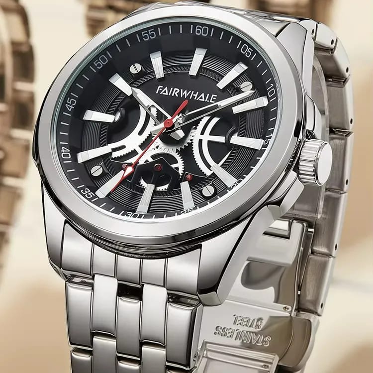 A close-up of a Fairwhale stainless steel wristwatch with a black dial, silver-tone metal case and bracelet, white hour markers, and red accent hands.