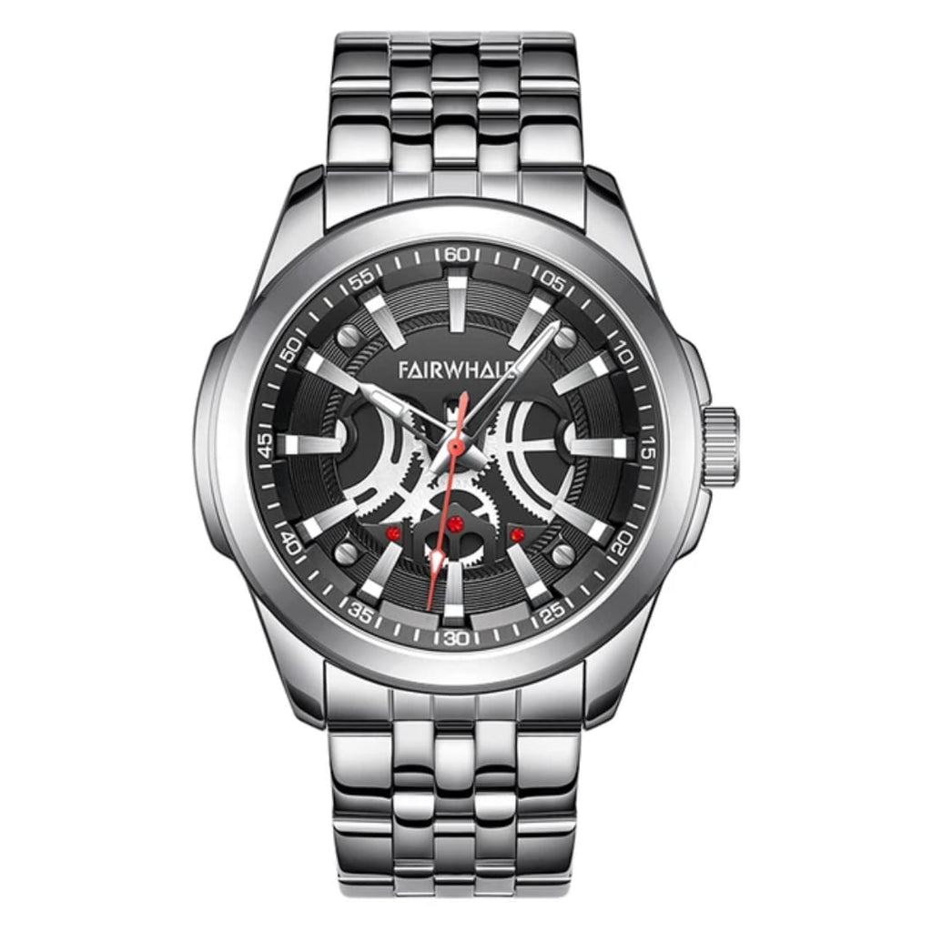 Silver wristwatch with black dial on a white background