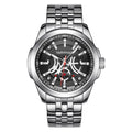 Silver wristwatch with black dial on a white background