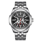 Silver wristwatch with black dial on a white background