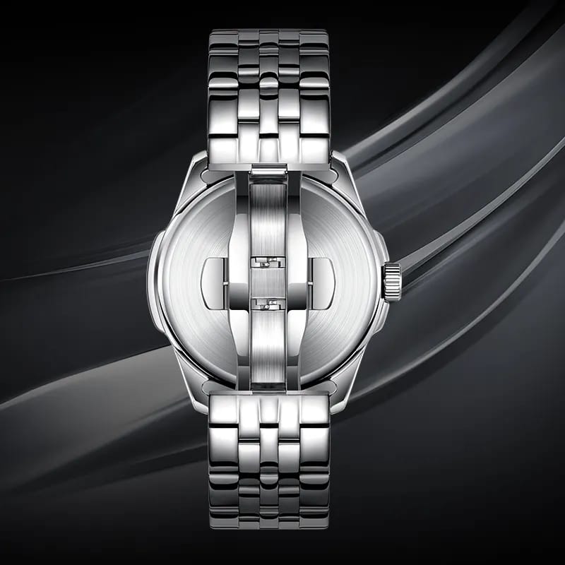 Silver stainless steel wristwatch with a multi-link bracelet and brushed metal case, shown from the back on a dark abstract background.