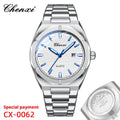 A silver stainless steel men's watch with a white dial, blue hands and markers, and a matching silver metal link bracelet. The brand name 'Chenxi' is visible on the dial and as a logo in the top left corner.