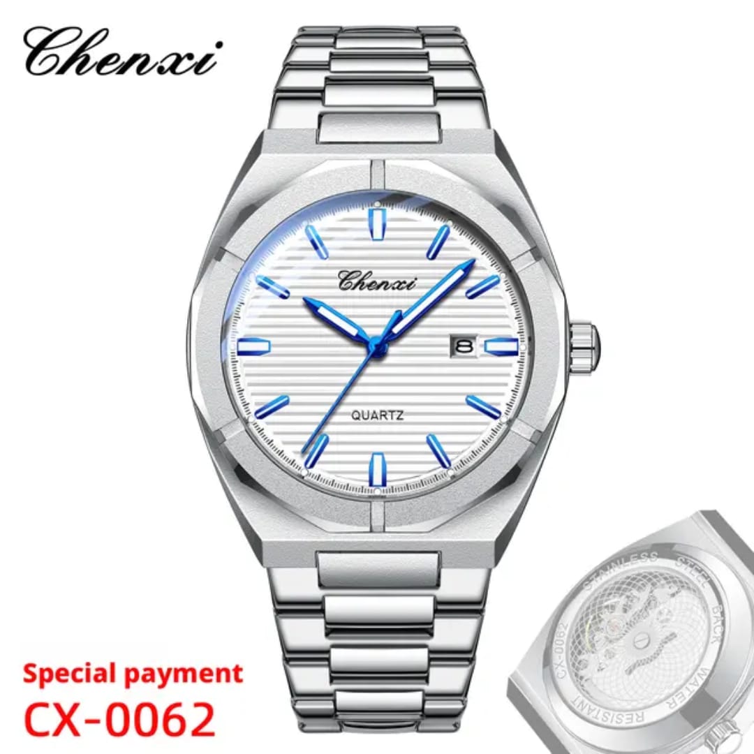 A silver stainless steel men's watch with a white dial, blue hands and markers, and a matching silver metal link bracelet. The brand name 'Chenxi' is visible on the dial and as a logo in the top left corner.