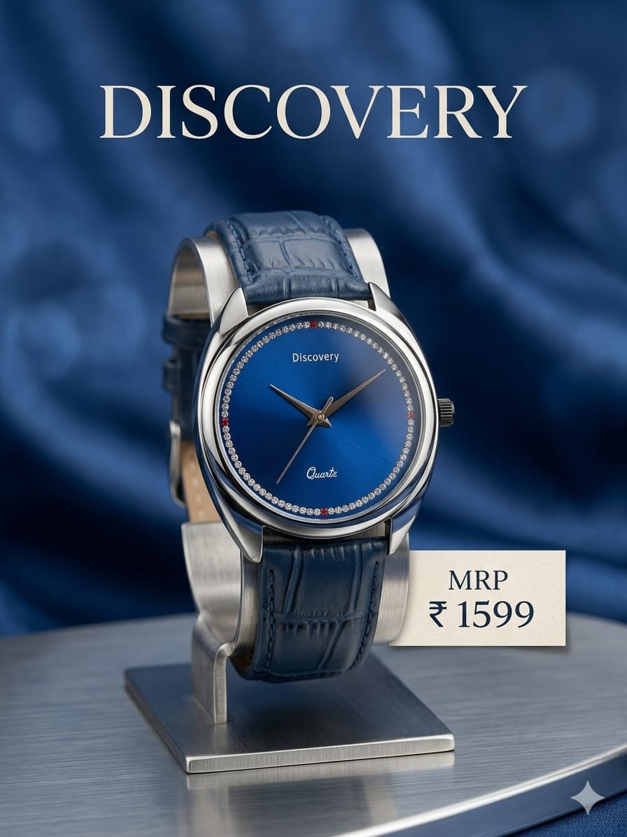 A wristwatch with a blue leather strap and a blue dial, displayed on a metal stand against a dark blue draped background. The brand name 'Discovery' is printed at the top, and a label at the bottom right reads 'MRP ₽1599'.