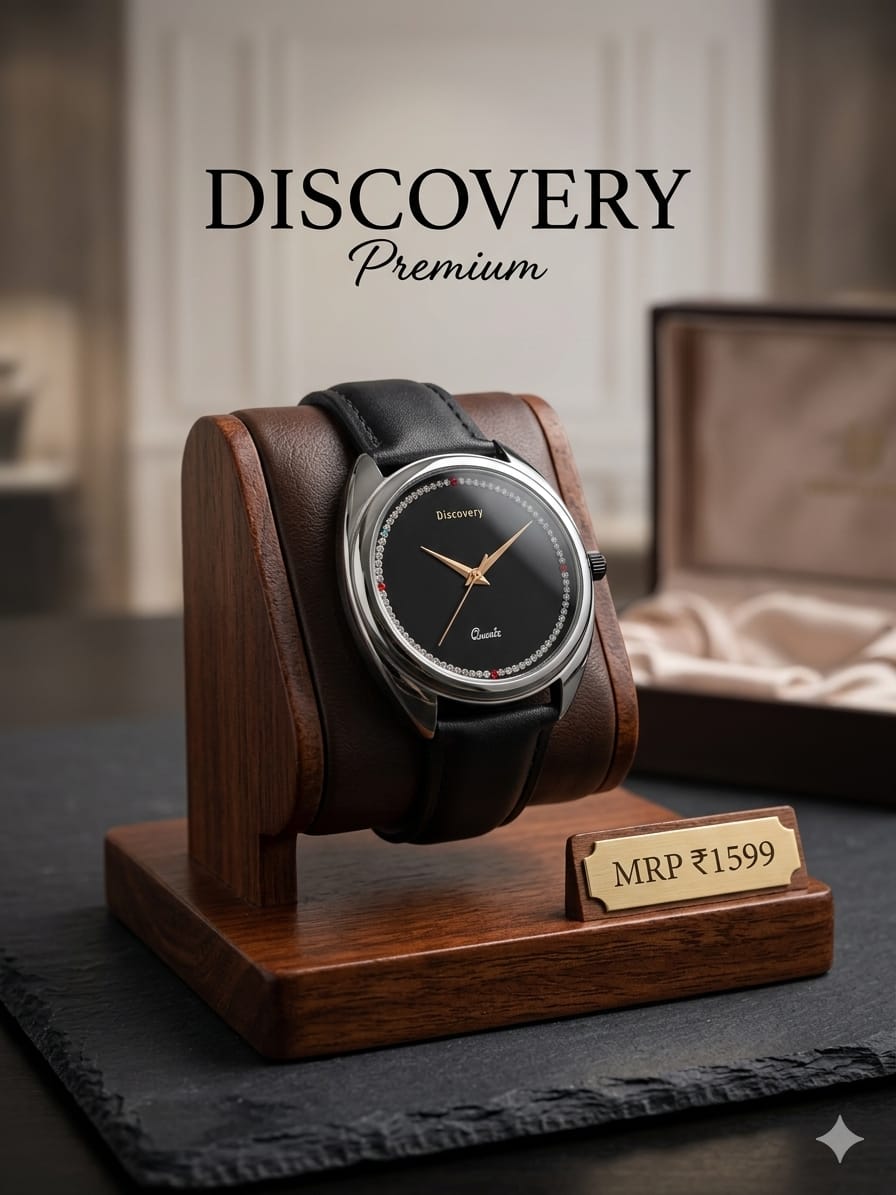 A wristwatch with a black leather strap and black dial displayed on a wooden stand. The watch face shows the brands Discovery and Cook.