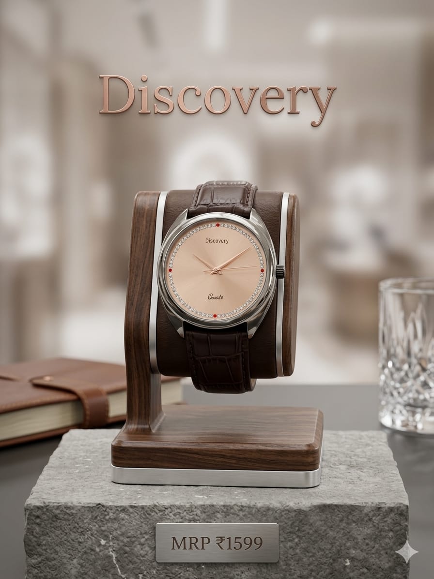 A wristwatch with a round beige dial, silver-toned case, and brown leather strap displayed on a wooden stand. The watch is set against a softly blurred indoor background with the word 'Discovery' above it and a stone pedestal below with an 'MRP ₥1599' plaque.