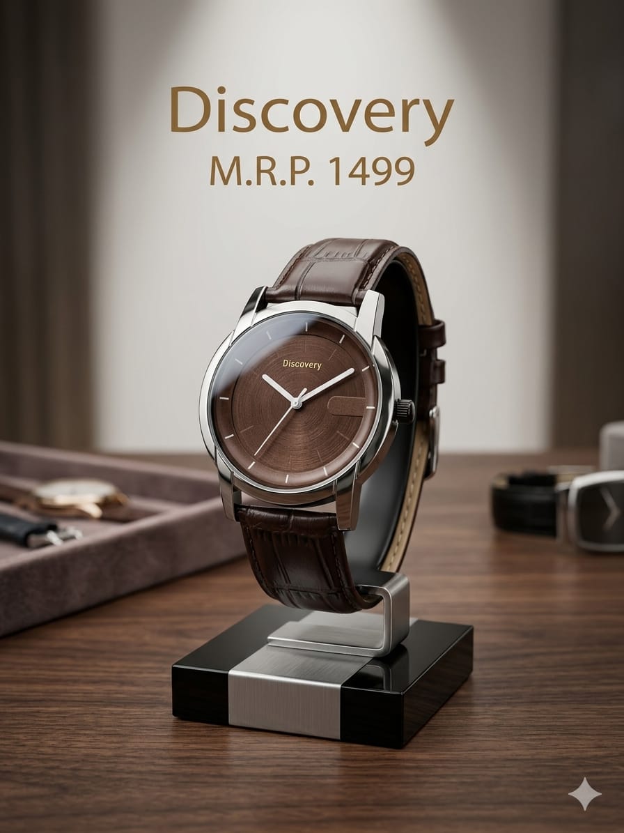 A Discovery wristwatch with a brown leather strap and brown dial, displayed on a black and silver stand on a wooden table. The background is a softly blurred indoor setting with the text 'Discovery M.