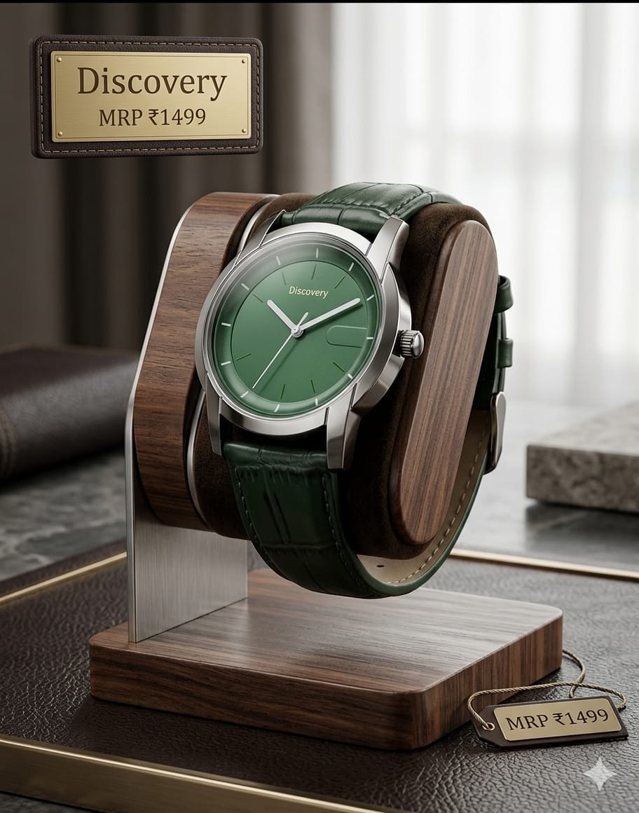 A Discovery wristwatch with a green dial and green leather strap, displayed on a wooden stand. The watch is set against a softly blurred indoor background with a leather surface, and two price tags reading 'Discovery MRP ’1499' are visible.