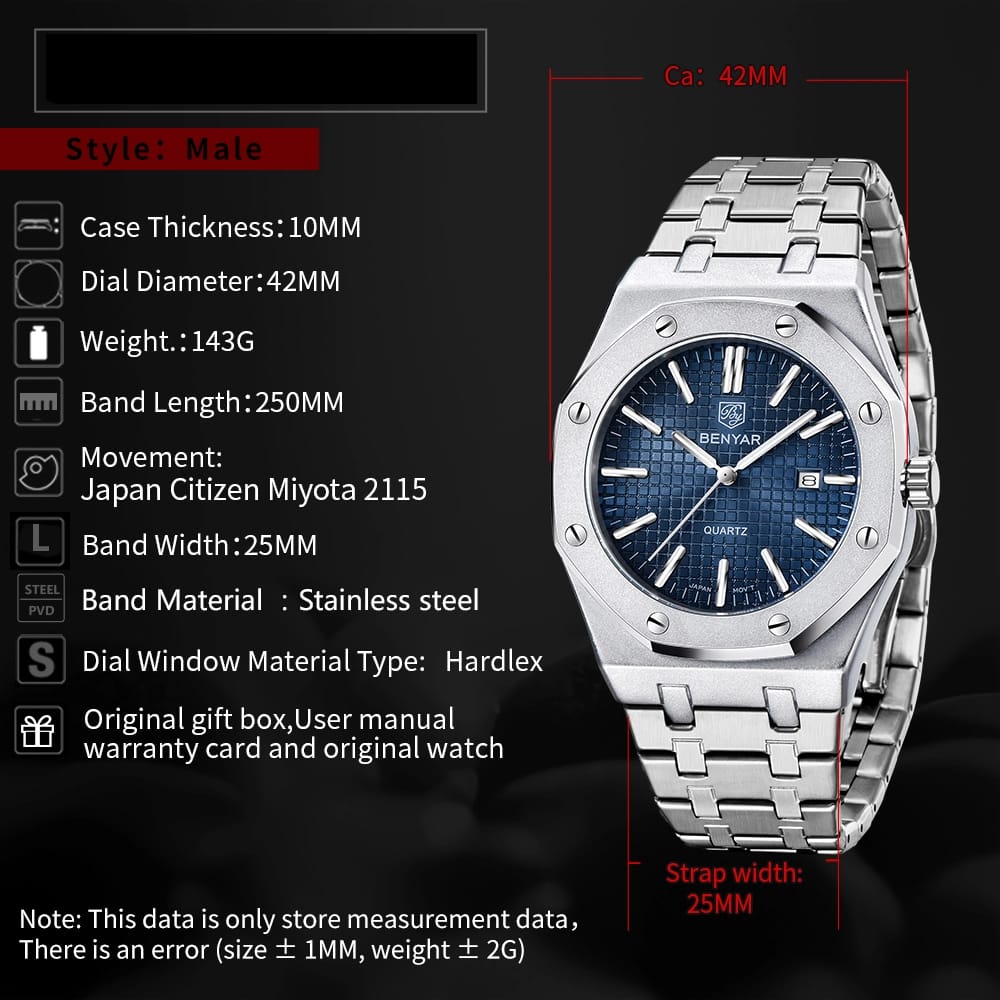 BENYAR Men's Quartz Stainless Steel Watch 42MM Blue Dial | Japan Miyota 2115 Movement | Original Watch | 1 Year Machine Warranty