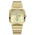 Gold wristwatch with a white face on a white background