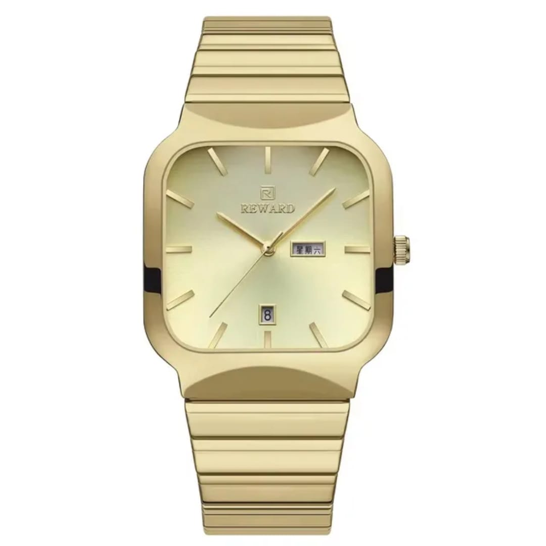 Gold wristwatch with a white face on a white background