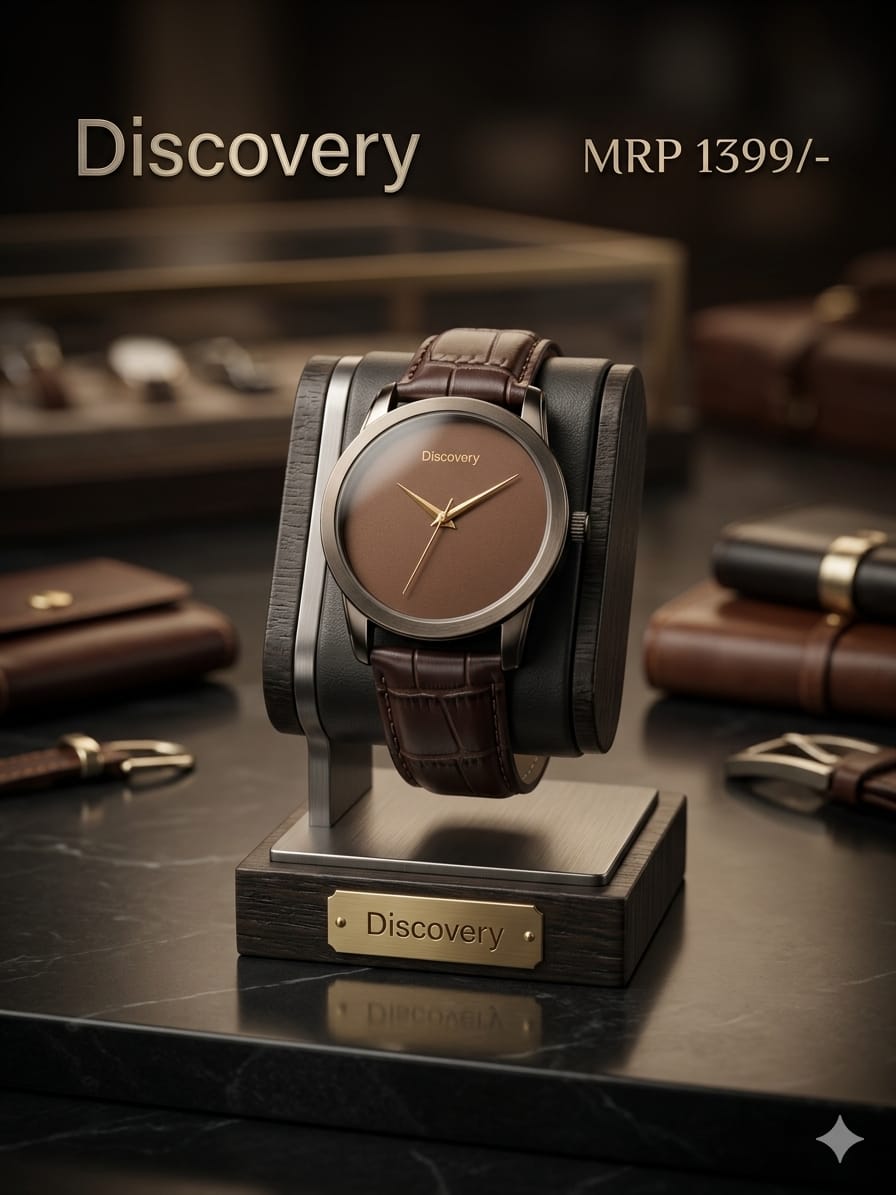A Discovery wristwatch with a brown leather strap and brown dial, displayed on a black stand with a wooden base labeled 'Discovery'. The watch is set on a dark marble surface with leather accessories blurred in the background.