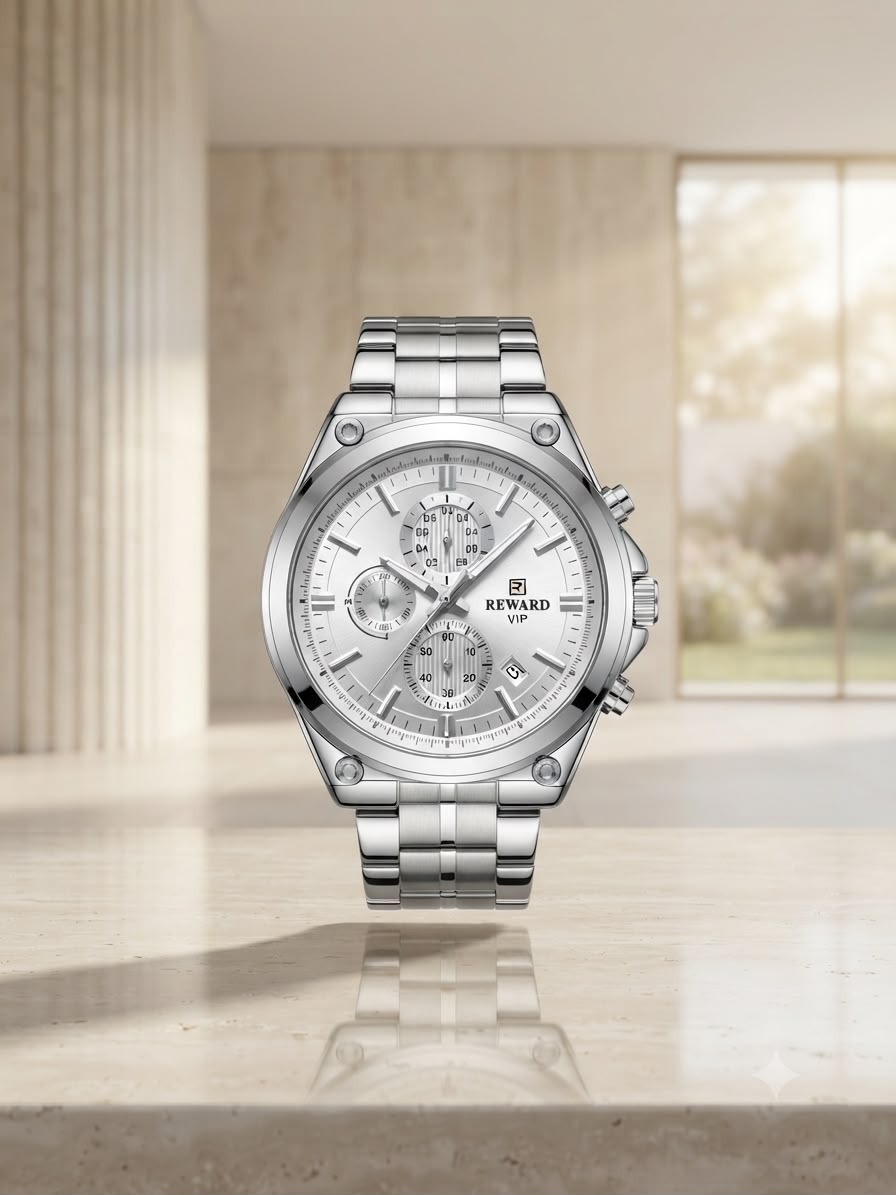 A silver stainless steel wristwatch with a white dial and chronograph subdials, standing upright on a polished stone surface with a blurred interior background.