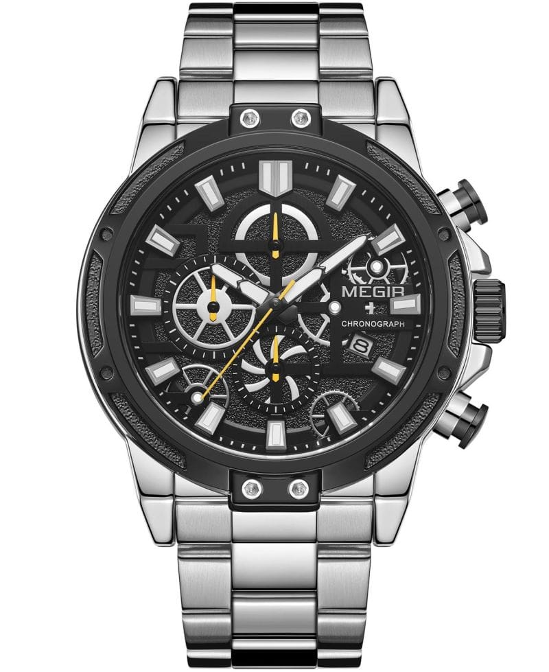 A silver stainless steel chronograph watch with a black dial, featuring white and yellow accents, a date window, and a matching steel link bracelet on a white background.