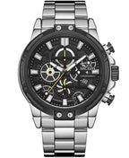 A silver stainless steel chronograph watch with a black dial, featuring white and yellow accents, a date window, and a matching steel link bracelet on a white background.