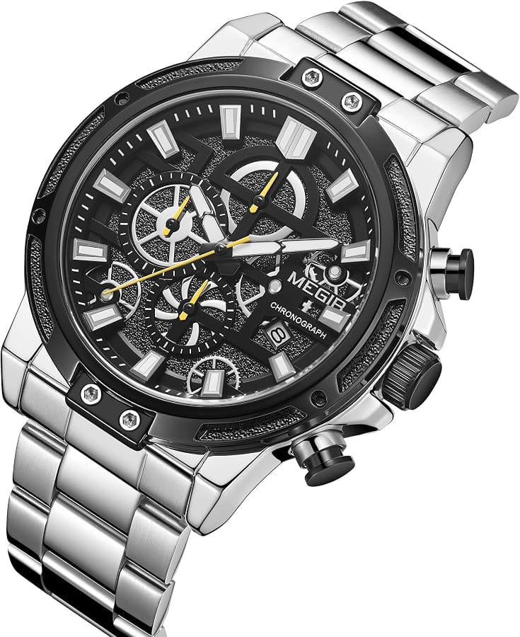 A silver stainless steel chronograph watch with a black dial, featuring multiple sub-dials, silver-tone hour markers, and a matching silver metal link bracelet, shown on a plain white background.