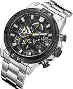 A silver stainless steel chronograph watch with a black dial, featuring multiple sub-dials, silver-tone hour markers, and a matching silver metal link bracelet, shown on a plain white background.
