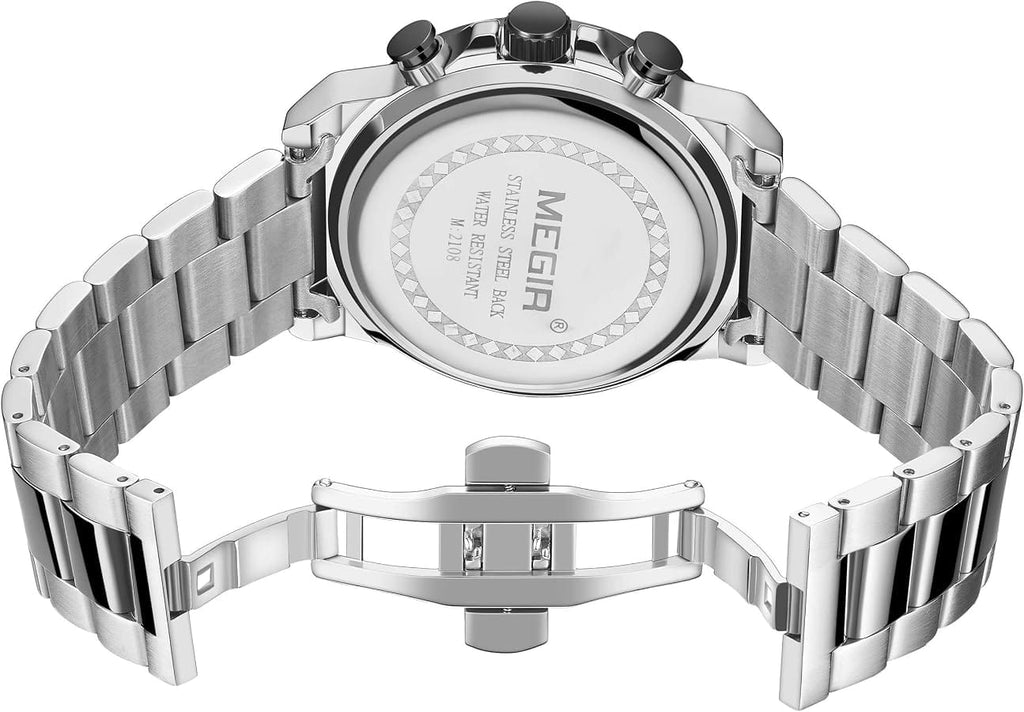 Silver stainless steel watch with a metal link bracelet, shown from the back with the clasp open. The case back is engraved with 'MEGIR' and 'STAINLESS STEEL BOX'.