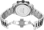 Silver stainless steel watch with a metal link bracelet, shown from the back with the clasp open. The case back is engraved with 'MEGIR' and 'STAINLESS STEEL BOX'.