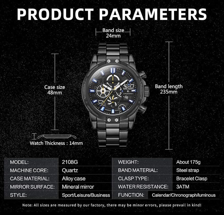 Black wristwatch with detailed specifications on a black background