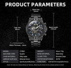 Black wristwatch with detailed specifications on a black background