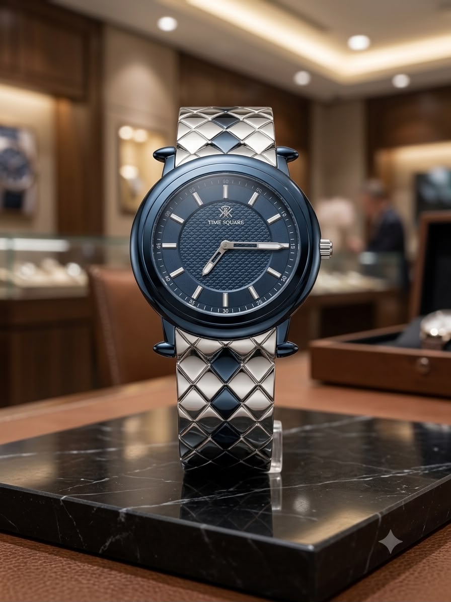 A luxury wristwatch with a textured dark blue dial and a silver and blue diamond-patterned metal bracelet, displayed on a black marble stand inside a blurred boutique setting.