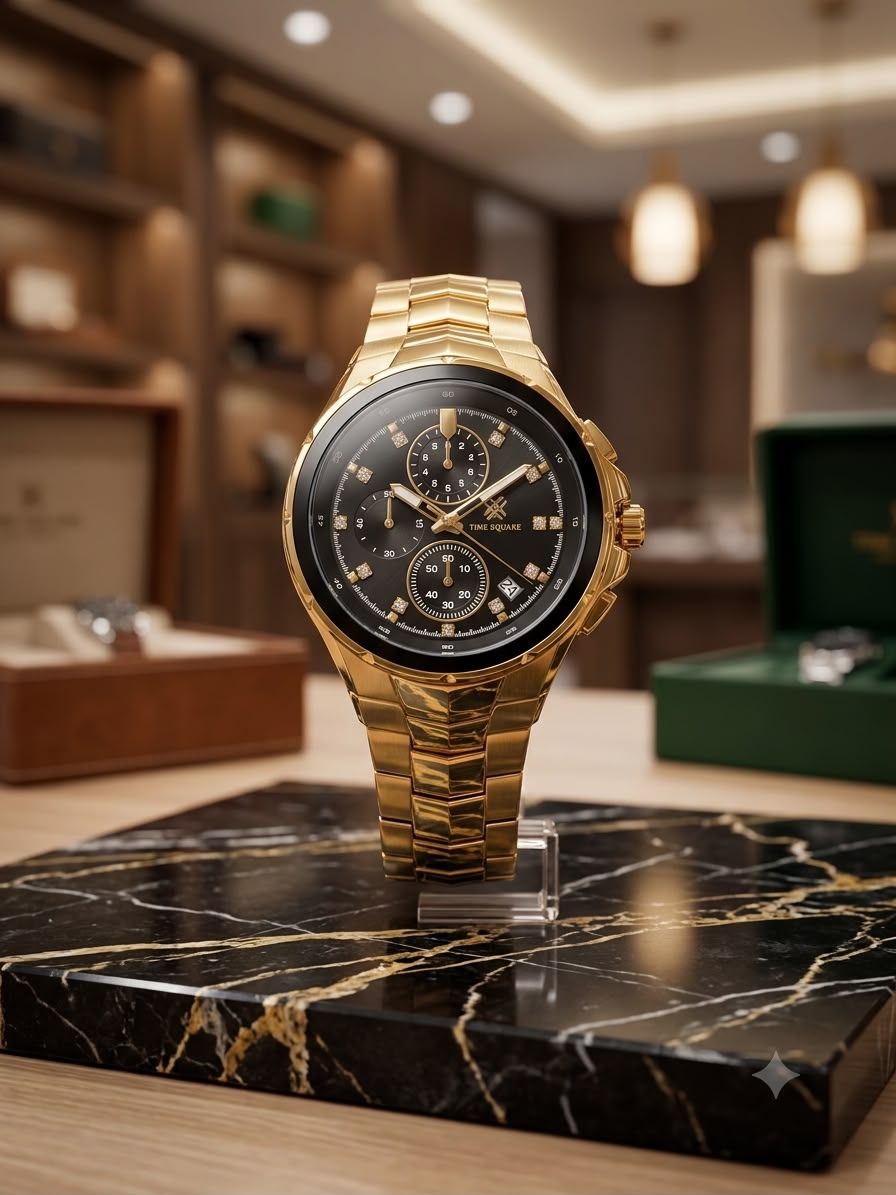A luxury gold-tone chronograph watch with a black dial and gold-tone bezel, displayed on a clear stand atop a black marble pedestal in a warm, upscale watch boutique setting.