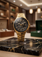 A luxury gold-tone chronograph watch with a black dial and gold-tone bezel, displayed on a clear stand atop a black marble pedestal in a warm, upscale watch boutique setting.