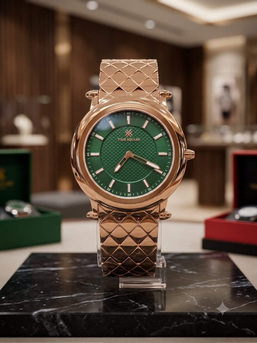 A luxury wristwatch with a textured green dial and a rose gold-toned diamond-patterned metal case and bracelet, displayed on a clear stand over a black marble surface.