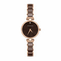 A Carlos Philip women's watch featuring a round dark brown dial, rose gold case, and a matching rose gold and brown ceramic link bracelet, shown against a plain white background.