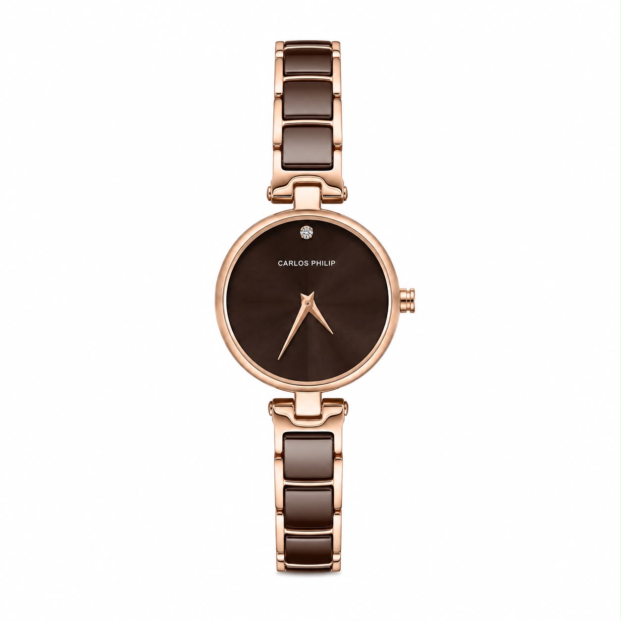A Carlos Philip women's watch featuring a round dark brown dial, rose gold case, and a matching rose gold and brown ceramic link bracelet, shown against a plain white background.