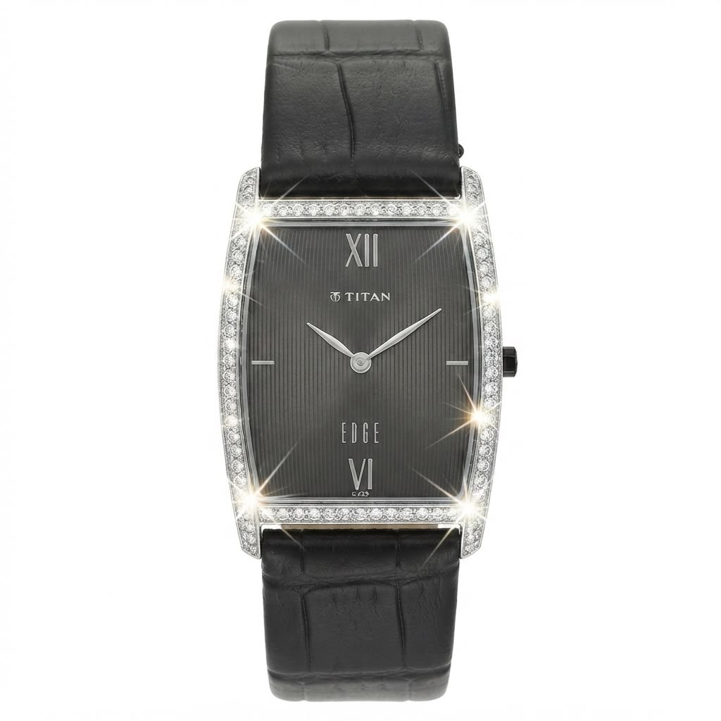 A rectangular analog watch with a black textured dial, Roman numeral hour markers, silver-tone hands, and a bezel set with sparkling clear stones. It features a black leather strap with an alligator pattern, shown against a plain white background with digital starburst effects highlighting the crystal details.