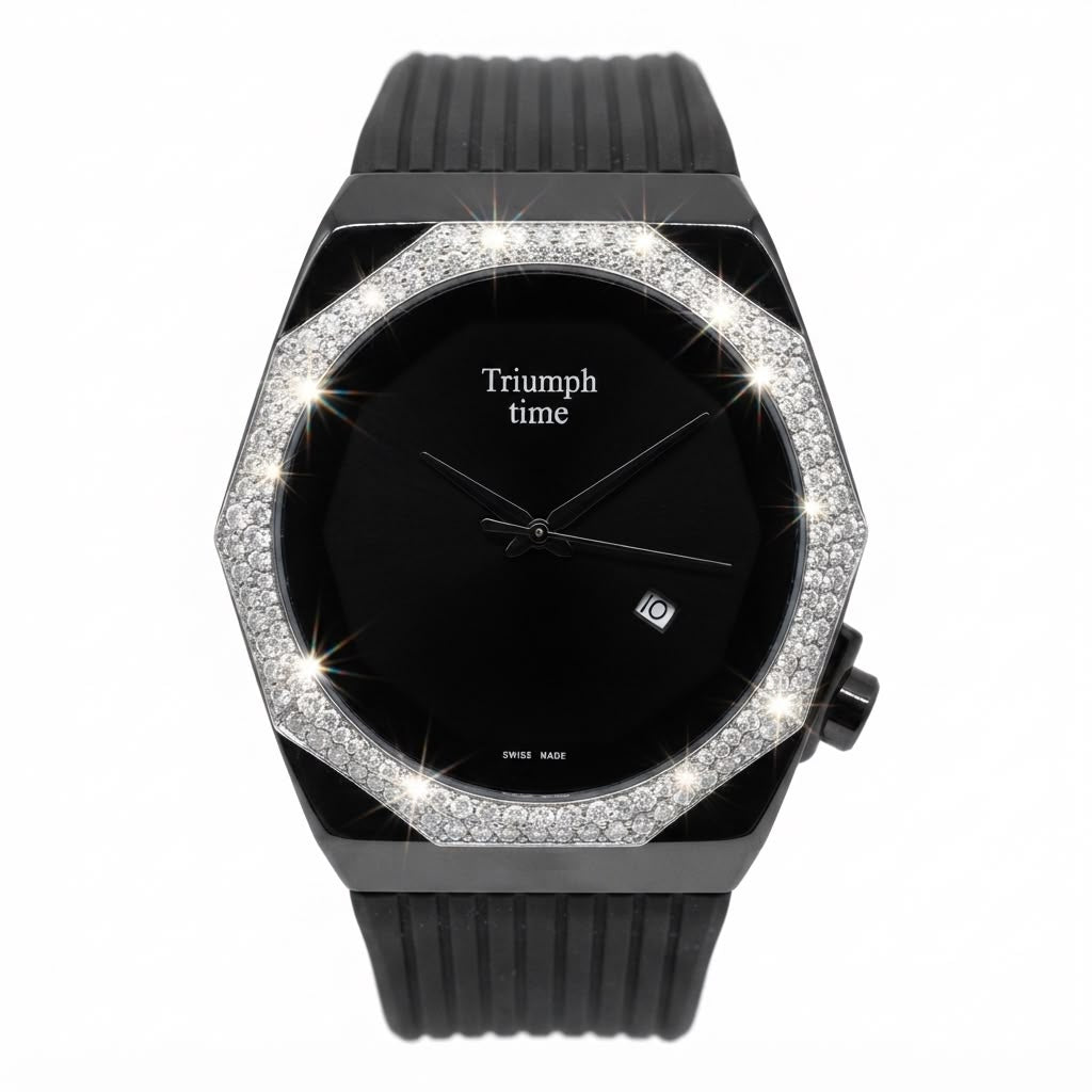 A black Triumph Time watch with a black dial, black ribbed strap, and a bezel encrusted with clear crystals, shown on a white background.