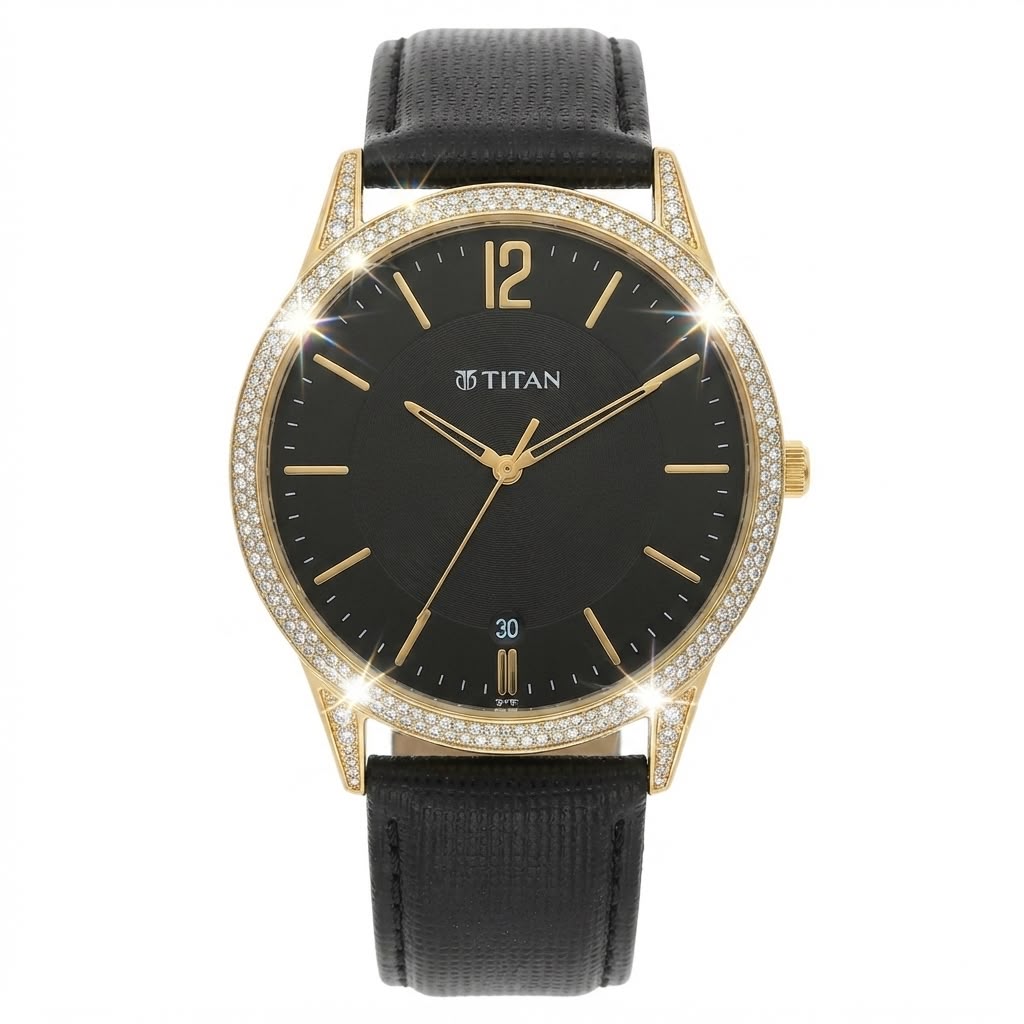 A men's analog watch with a black dial, gold-tone case, and a black textured strap. The bezel is encrusted with small clear crystals, and the brand name 'TITAN' is printed on the dial.