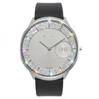 A Mithan Edge watch featuring a silver-toned dial with a textured center, a circular date window, and a bezel encrusted with sparkling clear stones that reflect rainbow light. The watch has a black leather strap and is shown against a plain white background.