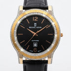 A luxury wristwatch by Meckel Kevin with a round black dial, rose gold-tone hands and markers, a gold-tone bezel, and a bezel encrusted with clear crystals. It features a black leather strap and is shown against a clean white background with decorative light flare effects.