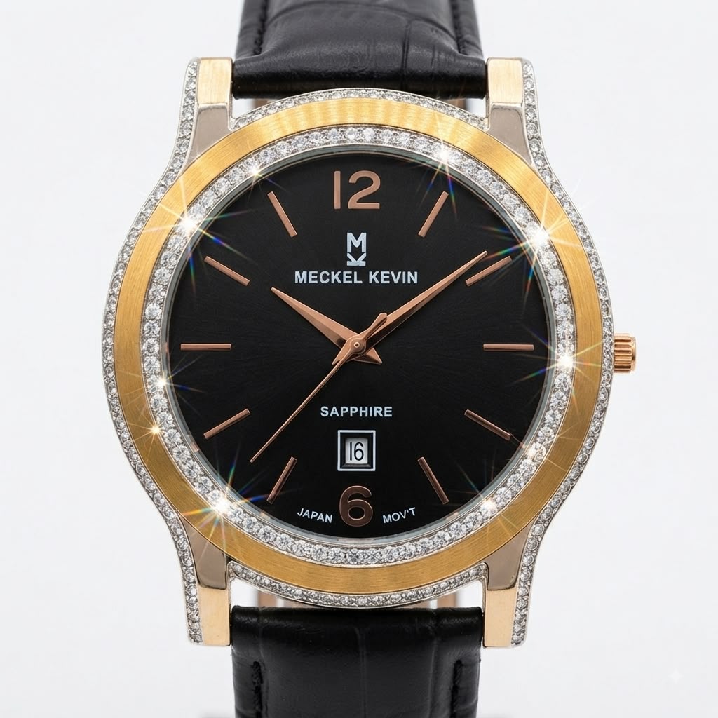 A luxury wristwatch by Meckel Kevin with a round black dial, rose gold-tone hands and markers, a gold-tone bezel, and a bezel encrusted with clear crystals. It features a black leather strap and is shown against a clean white background with decorative light flare effects.