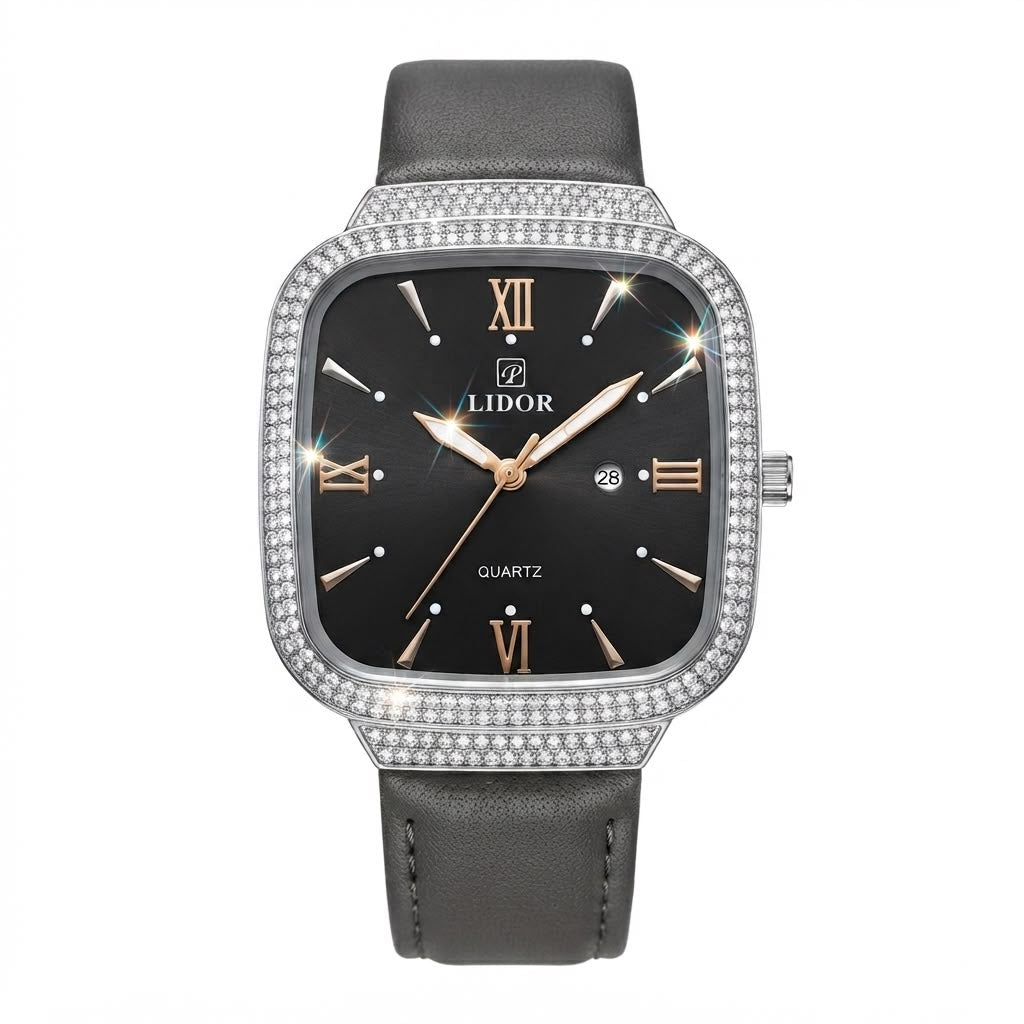 A LIDOR quartz watch with a black dial, a silver-tone case encrusted with clear rhinestones, and a dark gray leather strap, shown against a plain white background.