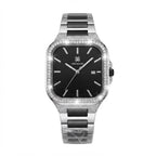 A Time Square brand watch with a black dial, silver-tone stainless steel case, and a bezel and bracelet accented with black rectangular inlays and pavé-set clear stones, shown on a plain white background.