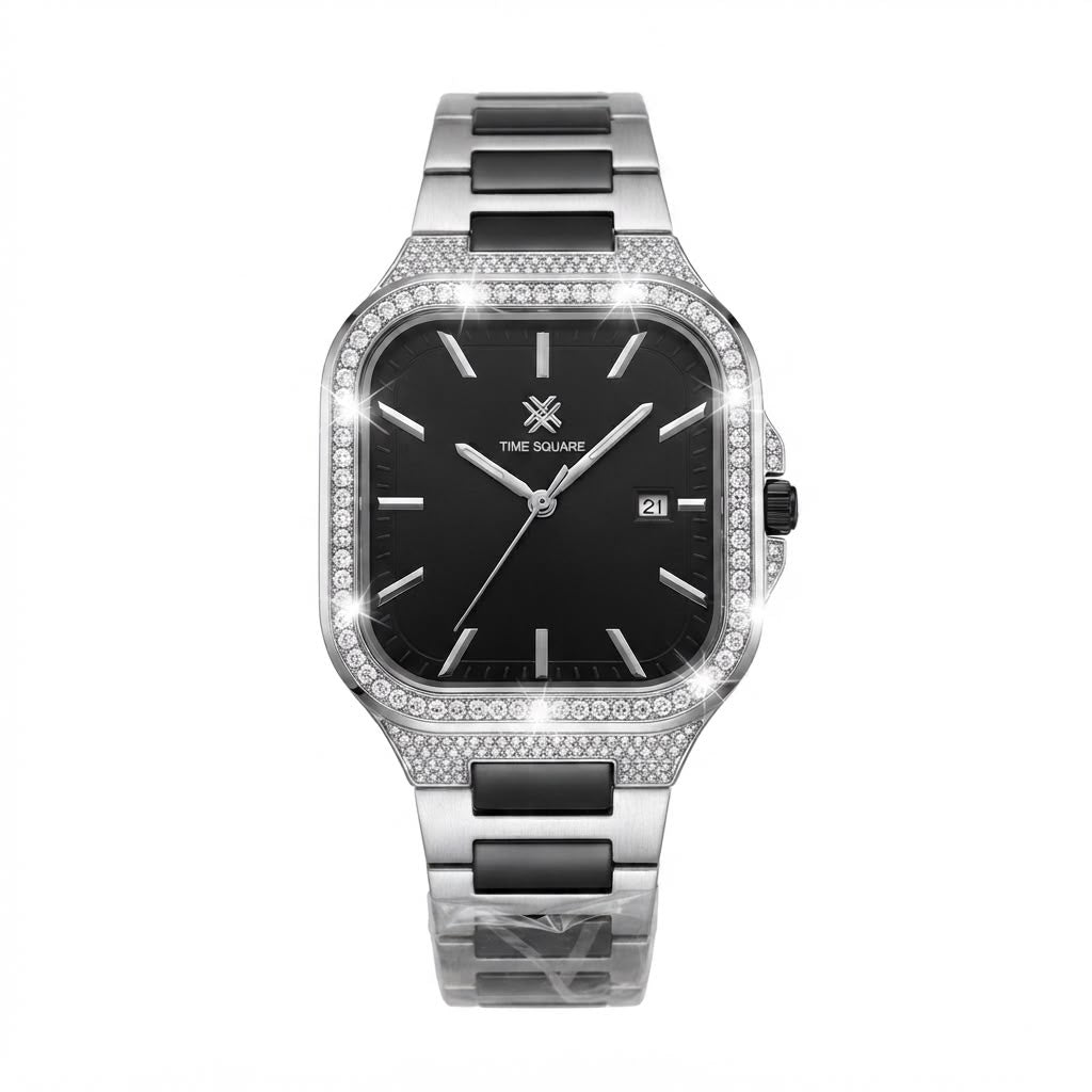 A Time Square brand watch with a black dial, silver-tone stainless steel case, and a bezel and bracelet accented with black rectangular inlays and pavé-set clear stones, shown on a plain white background.