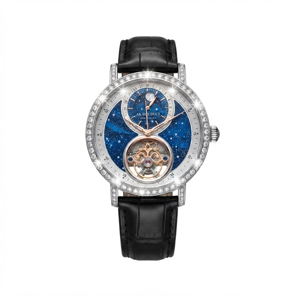 A luxury wristwatch with a round silver-tone case encrusted with clear stones, featuring a blue starry dial and a visible open-heart tourbillon. The watch is fitted with a black leather strap and is centered on a plain white background.