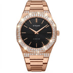 A DI MILANO men's watch featuring a rose gold metal bracelet and case, a black sunburst dial with rose gold indices, and a bezel and case accented with sparkling pavé-set clear crystals.
